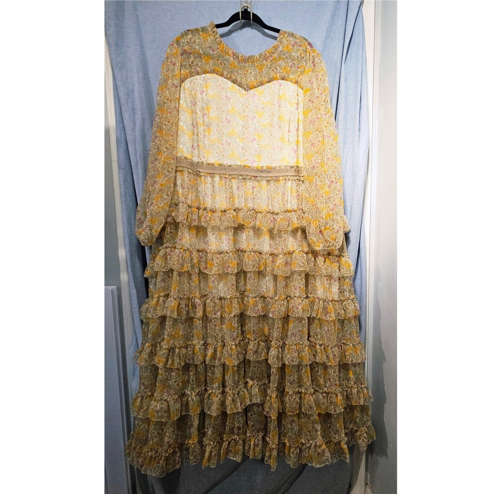 Ivy City Floral Tiered Maxi Dress 3X Yellow Chiffon Ruffle Cottagecore Long Slv